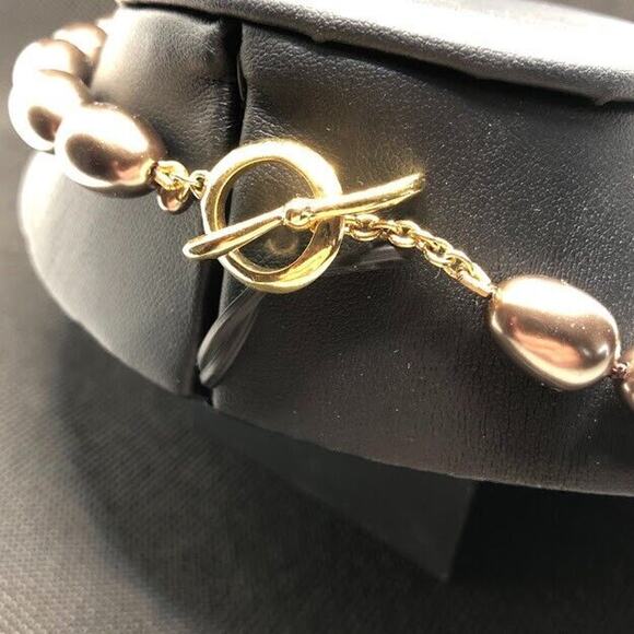 Monet Faux Pearl Necklace Taupe Brown Rhinestone Covered Links Vtg Runway Collar - Picture 6 of 12